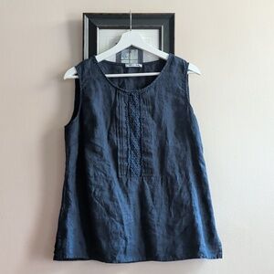 Sleeveless Navy Linen Top with Crochet Detail